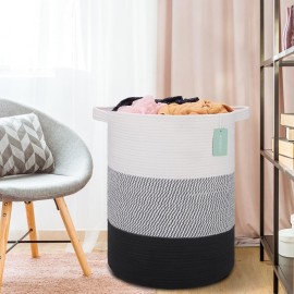 BOSROTY Large Laundry Hamper for Girls Boys Kids 72L, Nursery Hamper, Tall Laundry Basket, Cotton Rope Woven Blanket Basket for Storage Toys Clothes Towels, 16x 22, White & Gray & Black
