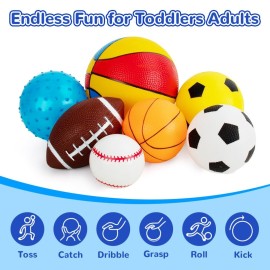 Balls for Toddlers 1-3,Toddler Sports Toys,Set of 7 Kids Ball Soft Foam Baby Sports Balls- Soccer Ball Basketball Baseball Rugby Bounce Ball Playground Indoor Outdoor Toys Gifts,with Free Bump/Bag