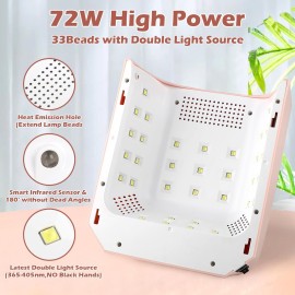 72W Professional UV Light for Nails | Rechargeable Cordless UV LED Nail Lamp with 4 Timers | Professional Nail Dryer with Large LCD Display(Pink)