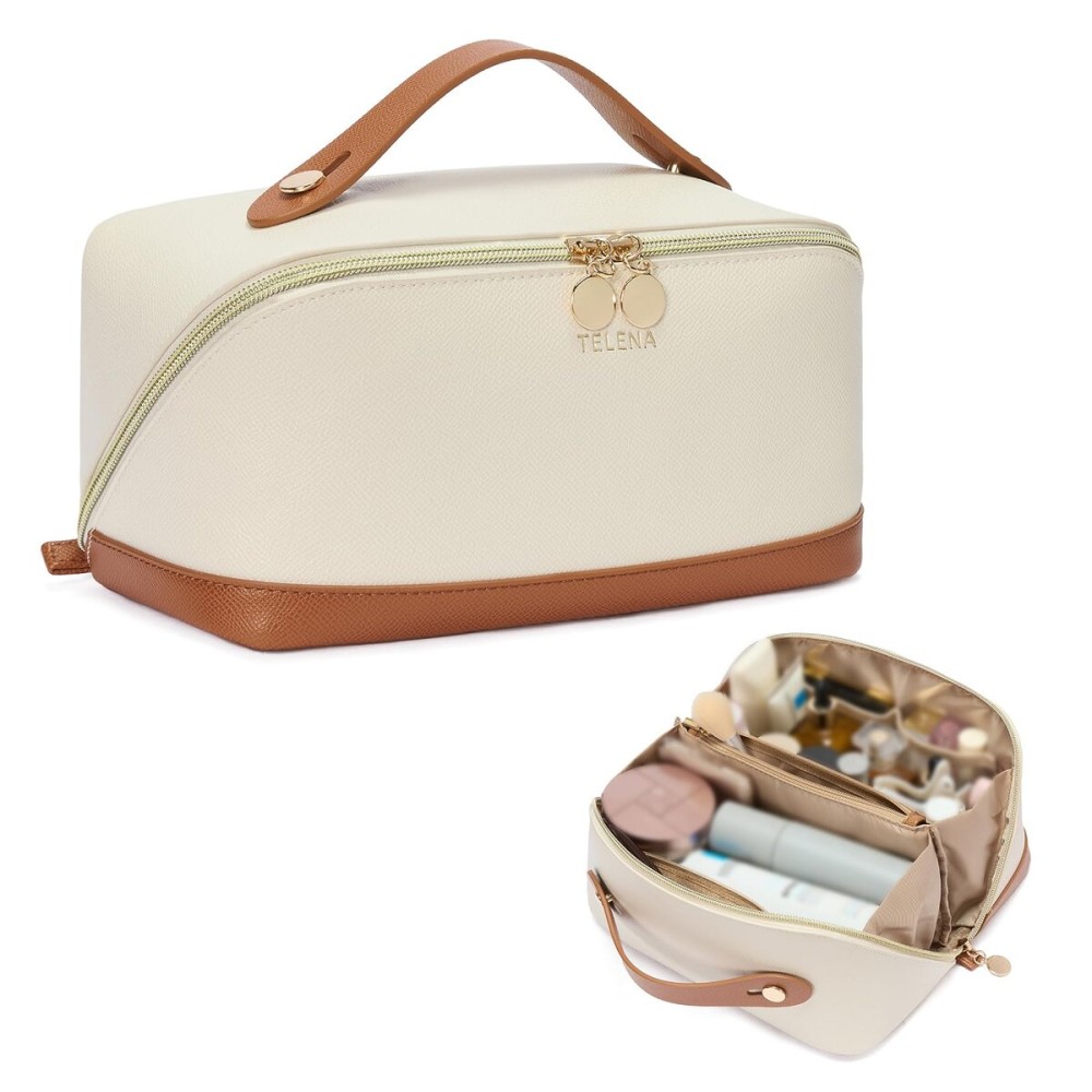 Telena Leather make up bag Large Capacity travel makeup bag cosmetic bag with Handle and Divider Open Flat Telena Leather make up bag Large Capacity travel makeup bag cosmetic bag with Handle and Divider Open Flat