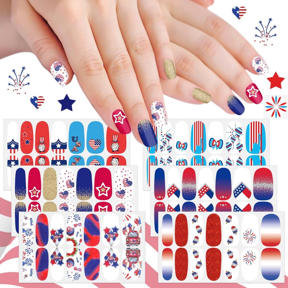 SILPECWEE 6 Sheets 4th of July Nail Wraps for Women Self Adhesive Independence Day Nail Polish Stickers Patriotic American Nail Polish Strips Fingernail Manicure Design with Nail File