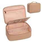 Makeup Bag, Potable Make up Bag Cute Makeup Organizer Bag for Toiletry Cosmetics Accessories with Divider and Brushes Compartments, Makeup Travel Case Cosmetic Bags Women and Girls- Beige Apricot