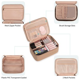 Makeup Bag, Potable Make up Bag Cute Makeup Organizer Bag for Toiletry Cosmetics Accessories with Divider and Brushes Compartments, Makeup Travel Case Cosmetic Bags Women and Girls- Beige Apricot