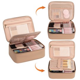 Makeup Bag, Potable Make up Bag Cute Makeup Organizer Bag for Toiletry Cosmetics Accessories with Divider and Brushes Compartments, Makeup Travel Case Cosmetic Bags Women and Girls- Beige Apricot