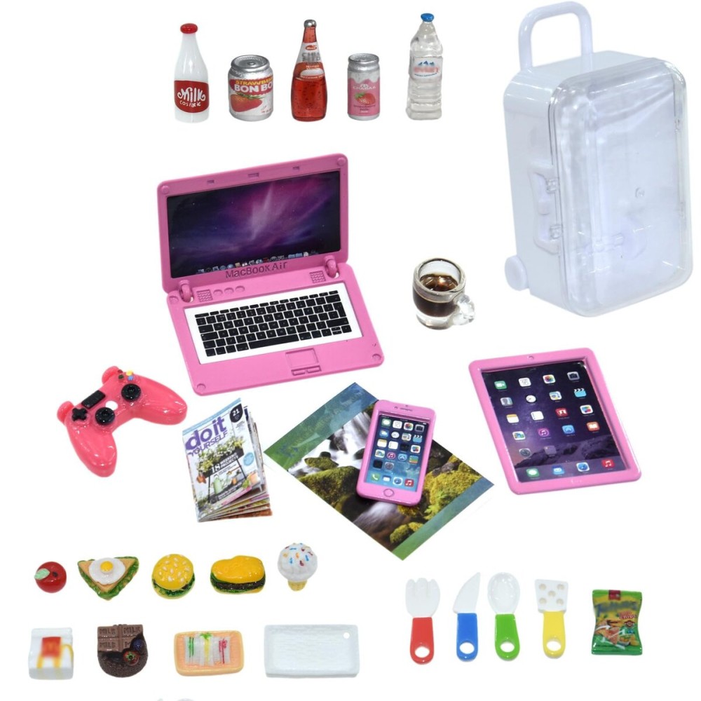 27 Pieces Dollhouse Mini Laptop Tablet and Smart Phone Newspaper Book Miniatures Hamburger Cake Coffee Juice Trolley case DIY Play Game Party Toys Accessories (Pink Set)