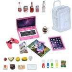 27 Pieces Dollhouse Mini Laptop Tablet and Smart Phone Newspaper Book Miniatures Hamburger Cake Coffee Juice Trolley case DIY Play Game Party Toys Accessories (Pink Set)