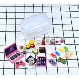 27 Pieces Dollhouse Mini Laptop Tablet and Smart Phone Newspaper Book Miniatures Hamburger Cake Coffee Juice Trolley case DIY Play Game Party Toys Accessories (Pink Set)