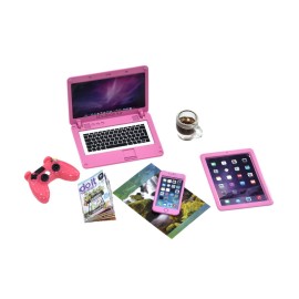 27 Pieces Dollhouse Mini Laptop Tablet and Smart Phone Newspaper Book Miniatures Hamburger Cake Coffee Juice Trolley case DIY Play Game Party Toys Accessories (Pink Set)