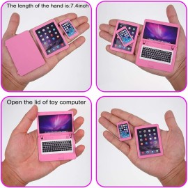 27 Pieces Dollhouse Mini Laptop Tablet and Smart Phone Newspaper Book Miniatures Hamburger Cake Coffee Juice Trolley case DIY Play Game Party Toys Accessories (Pink Set)