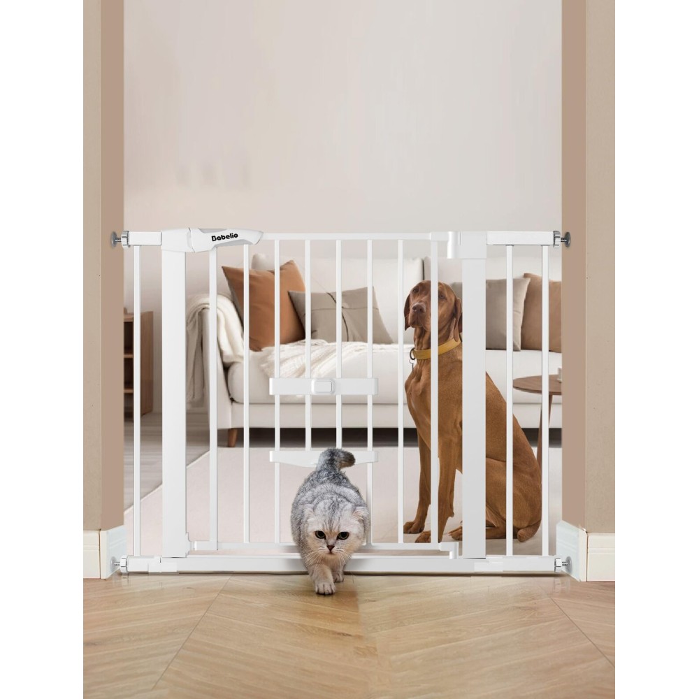 BABELIO New Version Baby Gate with Cat Door Adjustable,29-40 Metal Pet Door for Stairs & Doorways,Pressure Mounted,No Tools Needed,White