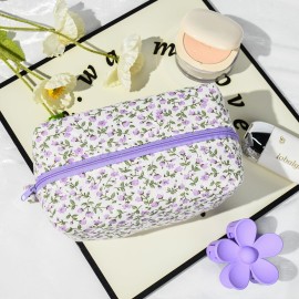 SOIDRAM Quilted Makeup Bag Floral Cosmetic Bag Puffy Coquette Makeup pouch Aesthetic Cute Travel Toiletry Bag Organizer cotton Makeup Brushes Storage Bag for Women