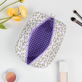 SOIDRAM Quilted Makeup Bag Floral Cosmetic Bag Puffy Coquette Makeup pouch Aesthetic Cute Travel Toiletry Bag Organizer cotton Makeup Brushes Storage Bag for Women