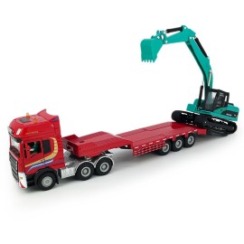 Flatbed Truck Toy with Crawler Excavator Toy Tractor Semi Tow Truck Transport Trailer Metal Diecast Construction Vehicles 2 in 1 Vehicle Playset Friction Powered Toy Trucks for Boys Kids Gift, red