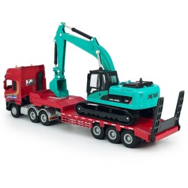 Flatbed Truck Toy with Crawler Excavator Toy Tractor Semi Tow Truck Transport Trailer Metal Diecast Construction Vehicles 2 in 1 Vehicle Playset Friction Powered Toy Trucks for Boys Kids Gift, red