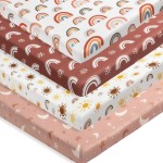 Jola\'s House 4 Pack N Play Sheets - Mini Crib Sheets Boho Nursery Sheets, Sunshine & Rainbow Design - Neutral Unisex Fitted Baby Crib Sheets for Baby Boys or Girls