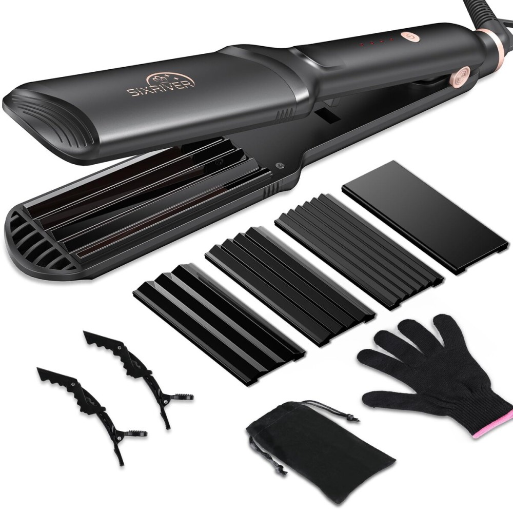 Sixriver Hair Crimper for Women - Ceramic Waver Hair Tool with 4-in-1 Flat Crimping Iron Plates, 15s Fast Heating, Volumizing Hair Crimper, for All Hair Types - Black