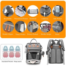 Astro alan Baby Diaper Bags with Changing Station, Waterproof Diaper Bag Backpack for Moms Dads with USB Charging Port, Baby Shower Gifts, Large Capacity diaper backpack, Grey