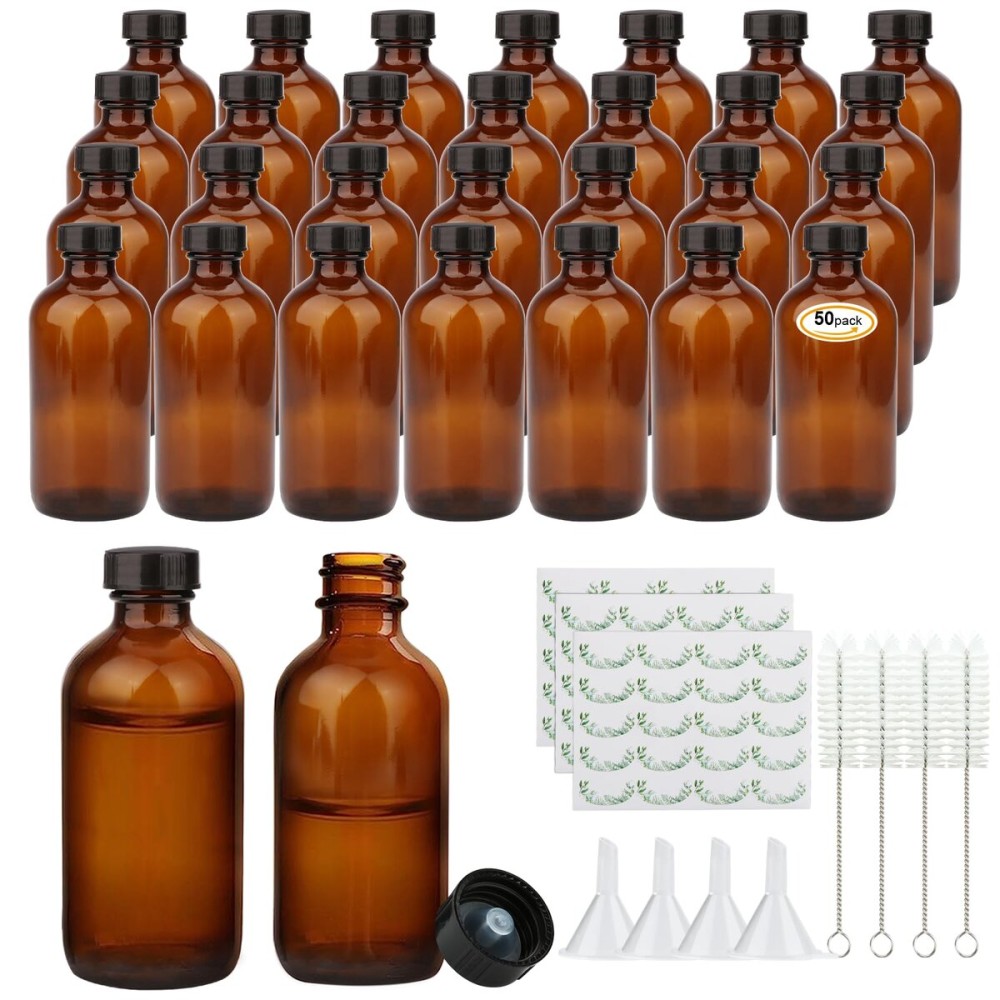 Maredash 4oz Amber Glass Bottles, Boston Round Glass Bottles (50 Pack) with Leak-proof Caps, Refillable Container for Homemade Vanilla Extract, Essential Oils, Herbal Medicine and More