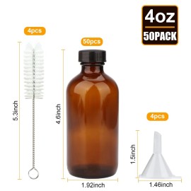Maredash 4oz Amber Glass Bottles, Boston Round Glass Bottles (50 Pack) with Leak-proof Caps, Refillable Container for Homemade Vanilla Extract, Essential Oils, Herbal Medicine and More
