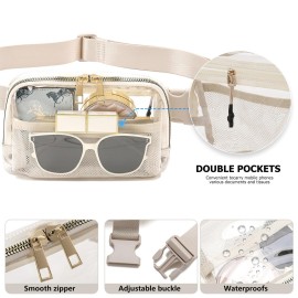 Clear Fanny Pack Belt Bag Stadium Approved for Women Men with Adjustable Strap Water-resistant Waist bag Clear Purse for Travel Workout Running Hiking(Beige)