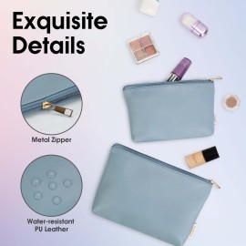 Wandering Nature Makeup Bag Small Cosmetic Bag for Purse 2 Pack Small Make Up Pouch Vegan Leather Cute Travel Pouch with Zipper for Women, Blue