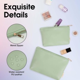 Wandering Nature Makeup Bag Small Cosmetic Bag for Purse 2 Pack Small Make Up Pouch Vegan Leather Cute Travel Pouch with Zipper for Women, Green