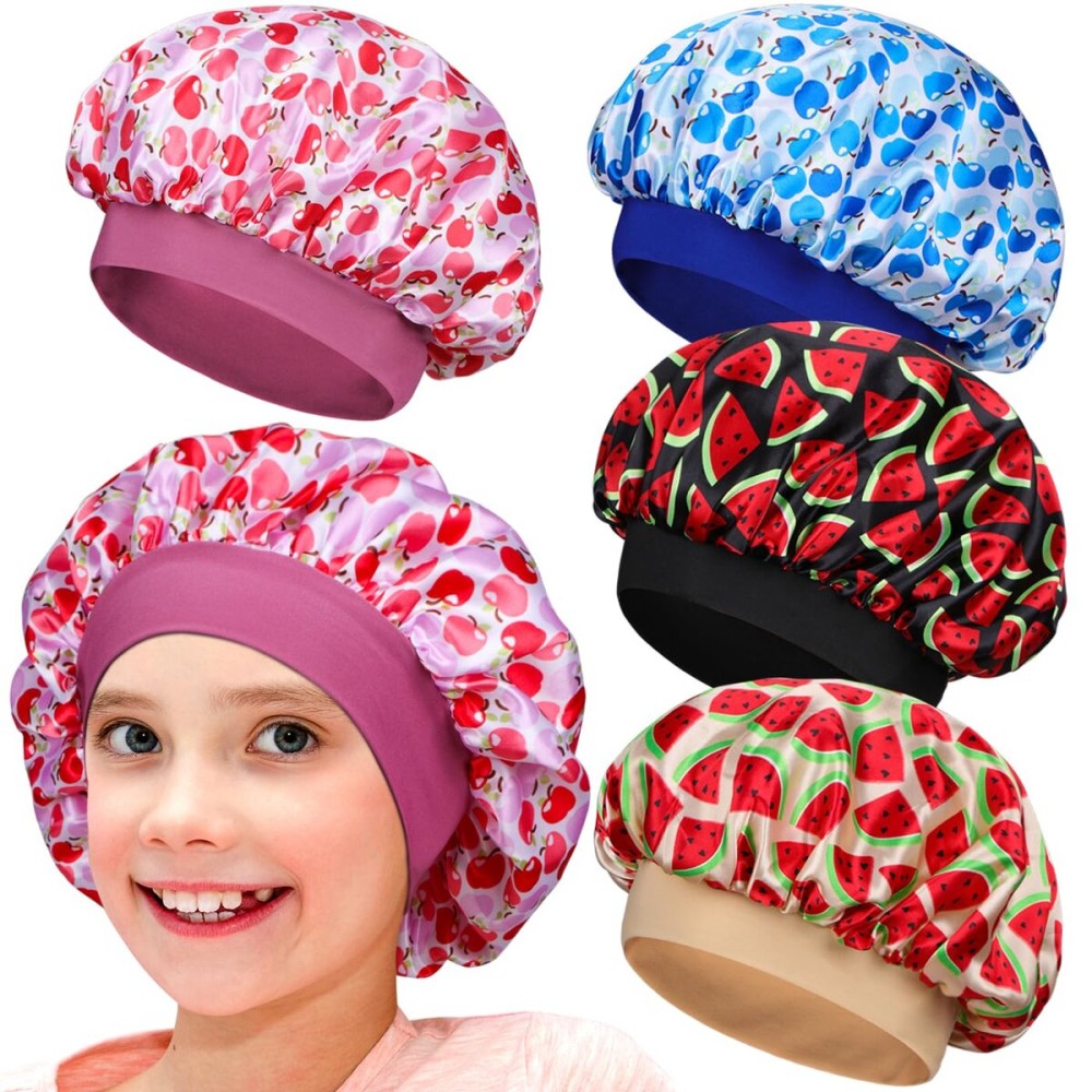 Wimnkuv 4 Pieces Silky Satin Bonnet for Kids, Soft Sleeping Bonnets With Elastic Wide Band, Hair Bonnet for Girls Multicolor