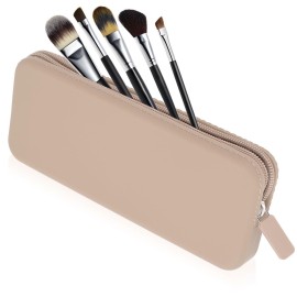Sakolla Travel Makeup Brush Holder, Silicone Makeup Brush Bag with Zipper Closure, Makeup Brushes Organizer Case Washable Makeup Pouch Holder Case for Daily, Work, Essentials (Khaki)