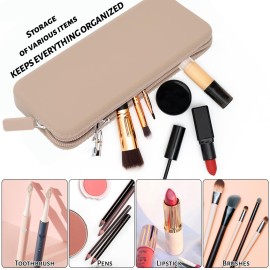 Sakolla Travel Makeup Brush Holder, Silicone Makeup Brush Bag with Zipper Closure, Makeup Brushes Organizer Case Washable Makeup Pouch Holder Case for Daily, Work, Essentials (Khaki)