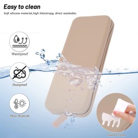 Sakolla Travel Makeup Brush Holder, Silicone Makeup Brush Bag with Zipper Closure, Makeup Brushes Organizer Case Washable Makeup Pouch Holder Case for Daily, Work, Essentials (Khaki)