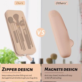 Sakolla Travel Makeup Brush Holder, Silicone Makeup Brush Bag with Zipper Closure, Makeup Brushes Organizer Case Washable Makeup Pouch Holder Case for Daily, Work, Essentials (Khaki)