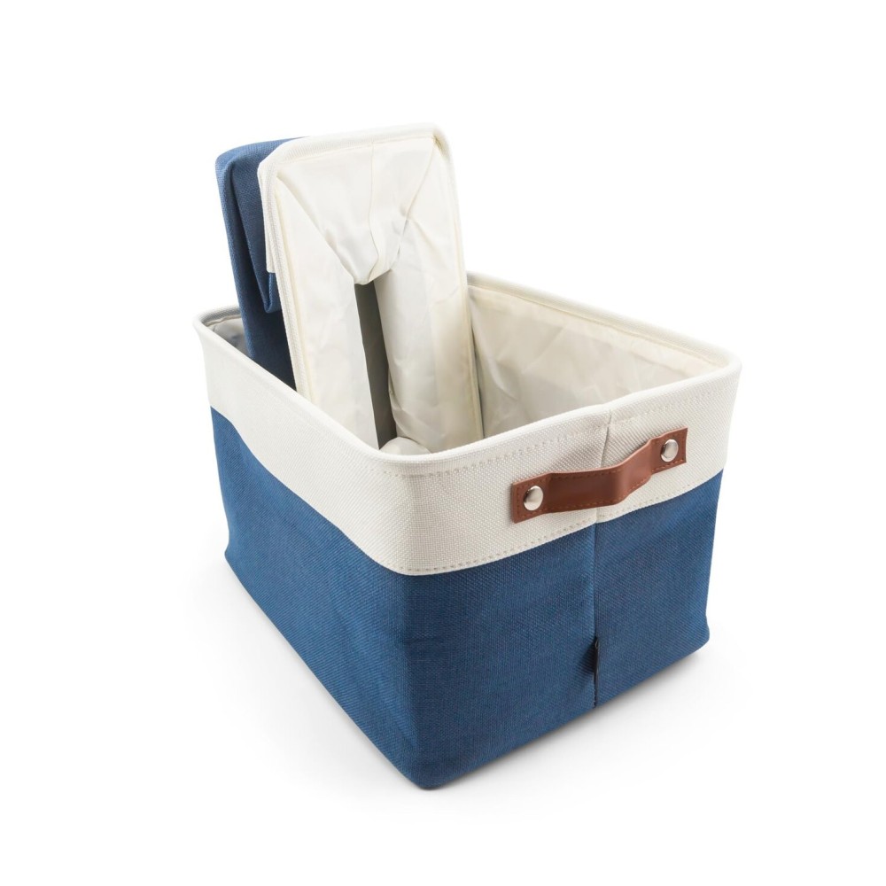 HYGGE + Linen Storage Bin Basket 15.8 x 12.5 x 10 Durable fabric & lightweight design. Great for storing toys, books, linens, games, clothing, baby products & more! (WHITE/BLUE, 2 PACK)