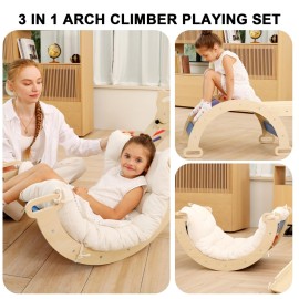 Ymonlia 2 in 1 Montessori Climbing Arch for Toddlers,Rainbow Wooden Climbing Arch Rocker& Cushion,Pillow for ArchesClimbing Triangle Ramp,Montessori Climbing Gym for Kids 0-8