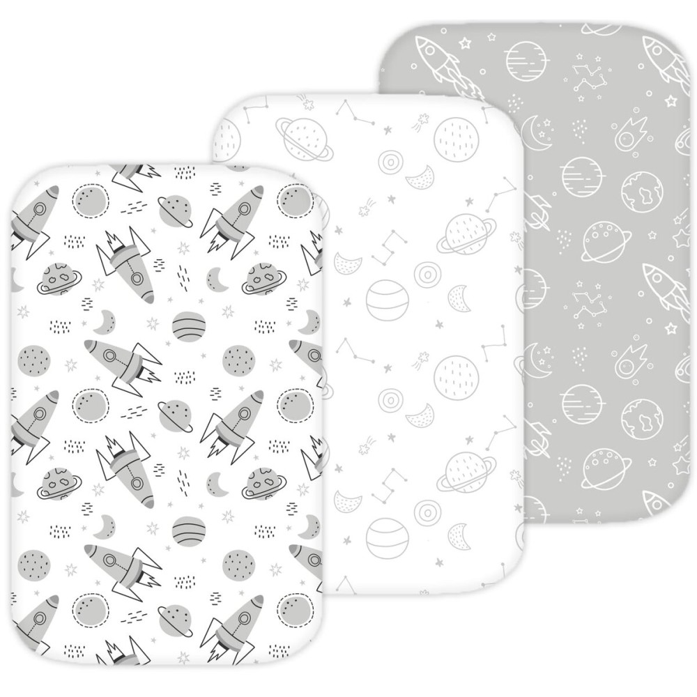 Bassinet Sheets for Maxi-COSI Iora, Papablic 2 in 1 Bonni, Cowiewie Baby Bassinet Bedside Sleeper, 3 Pack, 33x20 Inch, Ultra Soft, Breathable Snug Fit, Unisex Boys Girls, Gray White (Space Rockets)