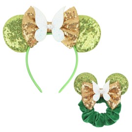 zhezesmila Mouse Ears Headband with Tinkerbell Scrunchies Sequin Ears Headband Party Costume Hair Accessories Headwear Decoration for Women