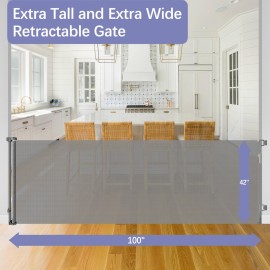 42 Tall X 100 Wide Retractable Baby Gates Extra Wide Retractable Dog Gate Tall Baby Gates for Dogs Indoor Extra Wide Pet Gate Long Dog Gate for Large Openings, Gray