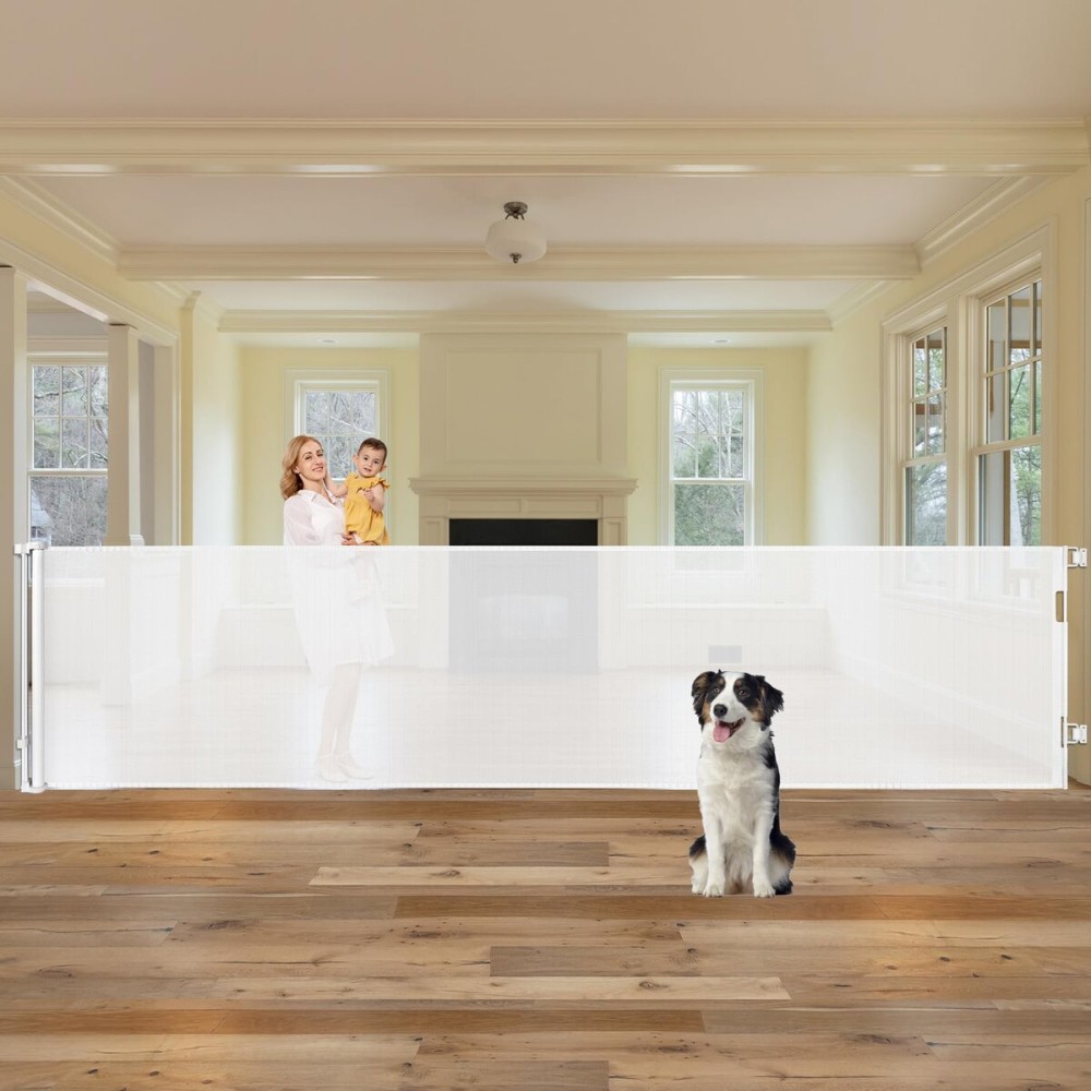 42 Tall X 100 Wide Retractable Baby Gates Extra Wide Retractable Gate for Large Openings Indoor Extra Long Baby Gate Extra Tall Pet Gate for Cats Outdoor Dog Gate for Stairs, Doorways, Decks, White