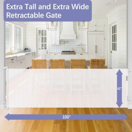 42 Tall X 100 Wide Retractable Baby Gates Extra Wide Retractable Gate for Large Openings Indoor Extra Long Baby Gate Extra Tall Pet Gate for Cats Outdoor Dog Gate for Stairs, Doorways, Decks, White