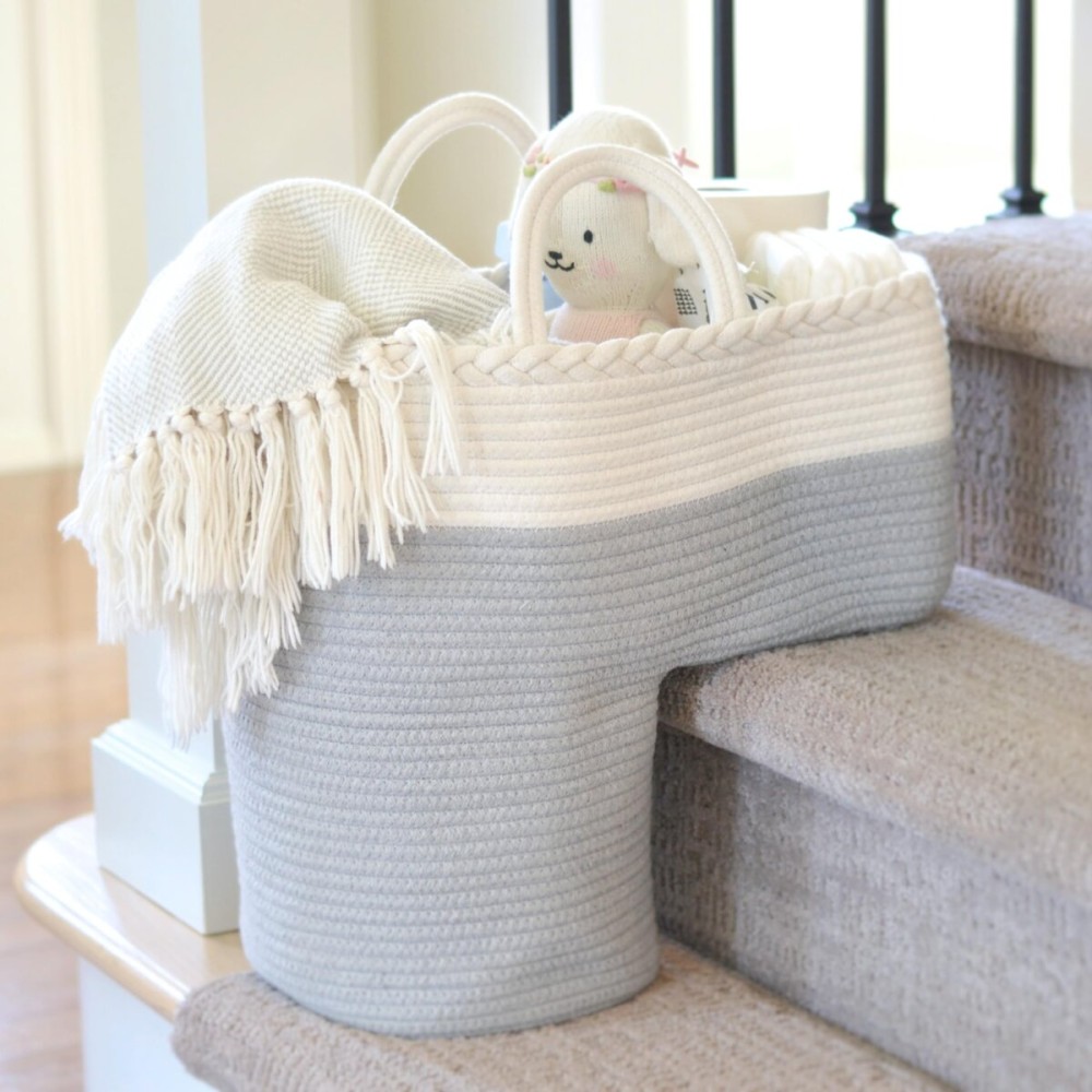 Stair Basket for Carpeted & Wooden Stairs - Cotton Rope Basket Staircase Handles - Storage Stair Steps For Laundry, Toys, Nursery Caddy - Fog Grey 15.75 L x 7.87 W x 15.75 H