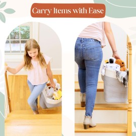 Stair Basket for Carpeted & Wooden Stairs - Cotton Rope Basket Staircase Handles - Storage Stair Steps For Laundry, Toys, Nursery Caddy - Fog Grey 15.75 L x 7.87 W x 15.75 H