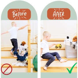 Stair Basket for Carpeted & Wooden Stairs - Cotton Rope Basket Staircase Handles - Storage Stair Steps For Laundry, Toys, Nursery Caddy - Fog Grey 15.75 L x 7.87 W x 15.75 H