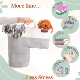 Stair Basket for Carpeted & Wooden Stairs - Cotton Rope Basket Staircase Handles - Storage Stair Steps For Laundry, Toys, Nursery Caddy - Fog Grey 15.75 L x 7.87 W x 15.75 H