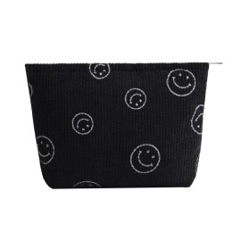 Cosmetic Bags for Women - Corduroy Cosmetic Bag Aesthetic Women Handbags Purses Smile Dots Makeup Organizer Storage Makeup Bag Girls Case Bags (A-Black)