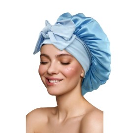 Satin Silk Hair Bonnet for Sleeping Large Bonnets with Tie Band Wrap with Adjustable Straps Night Sleep Caps for Women Curly Braid Hair Sky Blue
