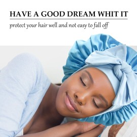Satin Silk Hair Bonnet for Sleeping Large Bonnets with Tie Band Wrap with Adjustable Straps Night Sleep Caps for Women Curly Braid Hair Sky Blue
