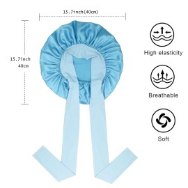 Satin Silk Hair Bonnet for Sleeping Large Bonnets with Tie Band Wrap with Adjustable Straps Night Sleep Caps for Women Curly Braid Hair Sky Blue