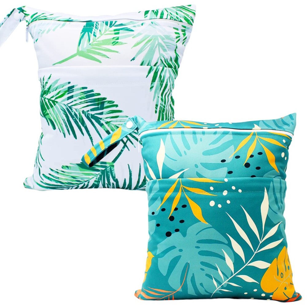 YULUONAPS Wet Dry Bag Waterproof Reusable Wet Bag for Swimsuit, Travel, Beach, Pool, Bathing, Diapers, Dirty Yoga Gym Clothes Toiletries Daycare Organizer with Two Zippered Pockets (green leaf)