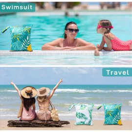 YULUONAPS Wet Dry Bag Waterproof Reusable Wet Bag for Swimsuit, Travel, Beach, Pool, Bathing, Diapers, Dirty Yoga Gym Clothes Toiletries Daycare Organizer with Two Zippered Pockets (green leaf)