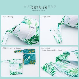 YULUONAPS Wet Dry Bag Waterproof Reusable Wet Bag for Swimsuit, Travel, Beach, Pool, Bathing, Diapers, Dirty Yoga Gym Clothes Toiletries Daycare Organizer with Two Zippered Pockets (green leaf)