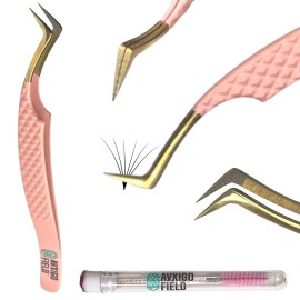 AVXIGO FIELD S Curved Precision Fiber Tip LashTweezer for Eyelash Extensions (Baby Pink), Limited Edition - Comes with Mascara Brush, Storage Box & Tube Case